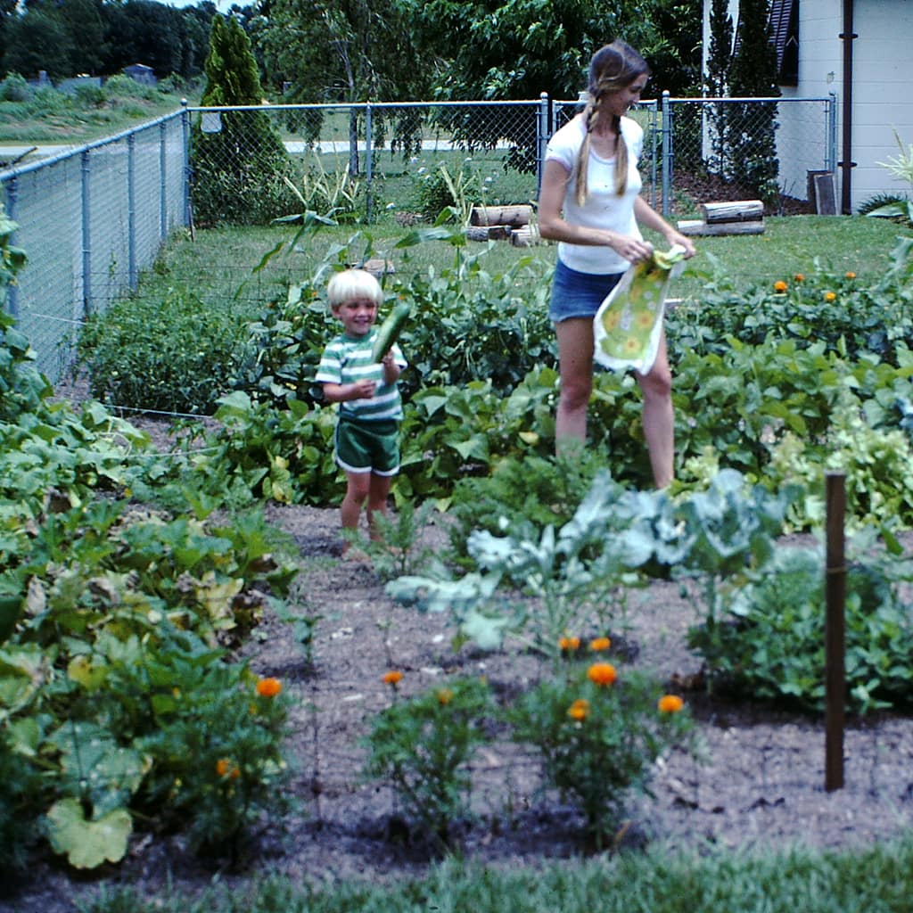 Joey as a Little Boy and Mom Sharon in the Vegetable Garden