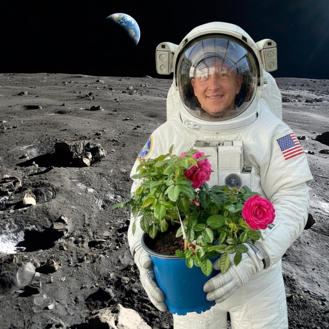 Joey Holding a Rose Plant on the Moon with Earth in the Background