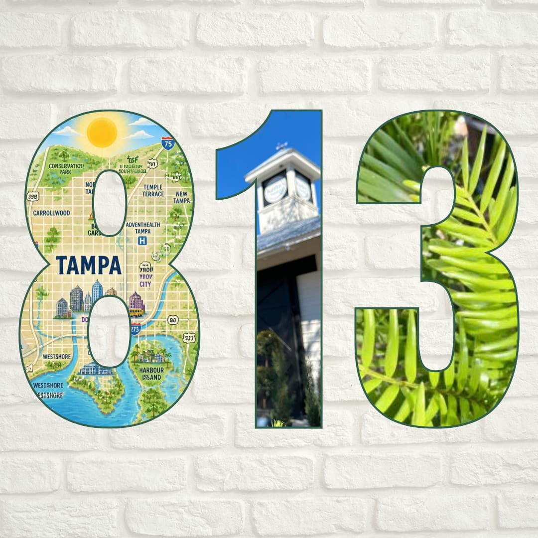 Numbers 813 Against a White Brick Wall Background with Pictures in the Numbers of a Map of Tampa, Kerby's Nursery Cupola, and Coontie Palm Leaves