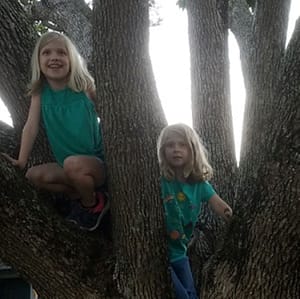 Abby and Maddy (Two Little Girls) Climbing a Tree