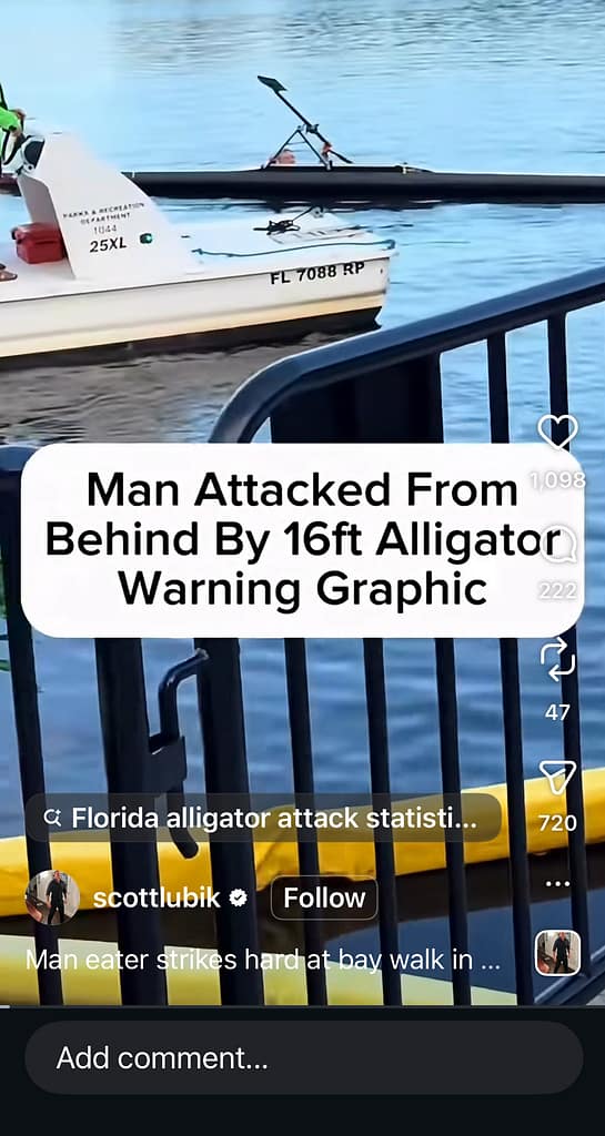 Screenshot of an Instagram Reel with a Man in River, Trying to Get Back into Boat, with the Words "Man Attacked from Behind by 16ft Alligator Warning Graphic"