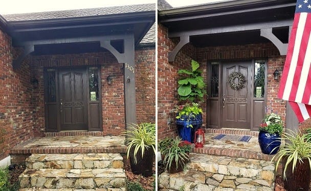 Before and After Photos of a Front Porch Decorated for Fourth of July with Plants