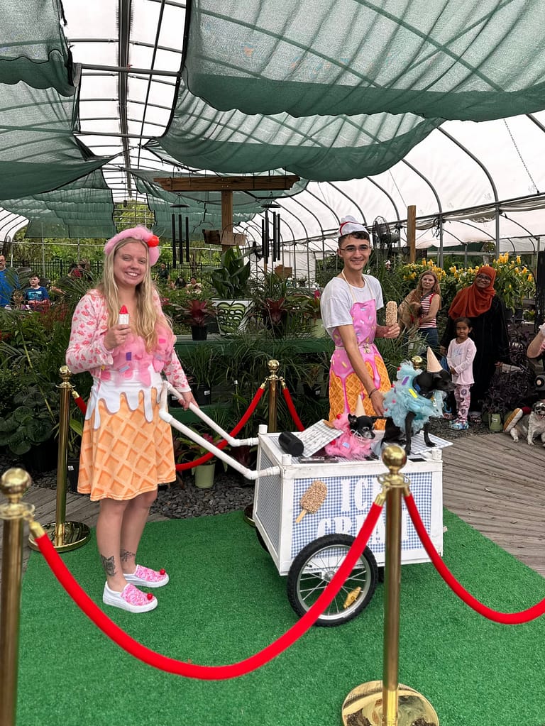 Dogs Dressed as Ice Cream Treats in an Ice Cream Cart for a Pet Parade Costume at Kerby's Nursery in 2025