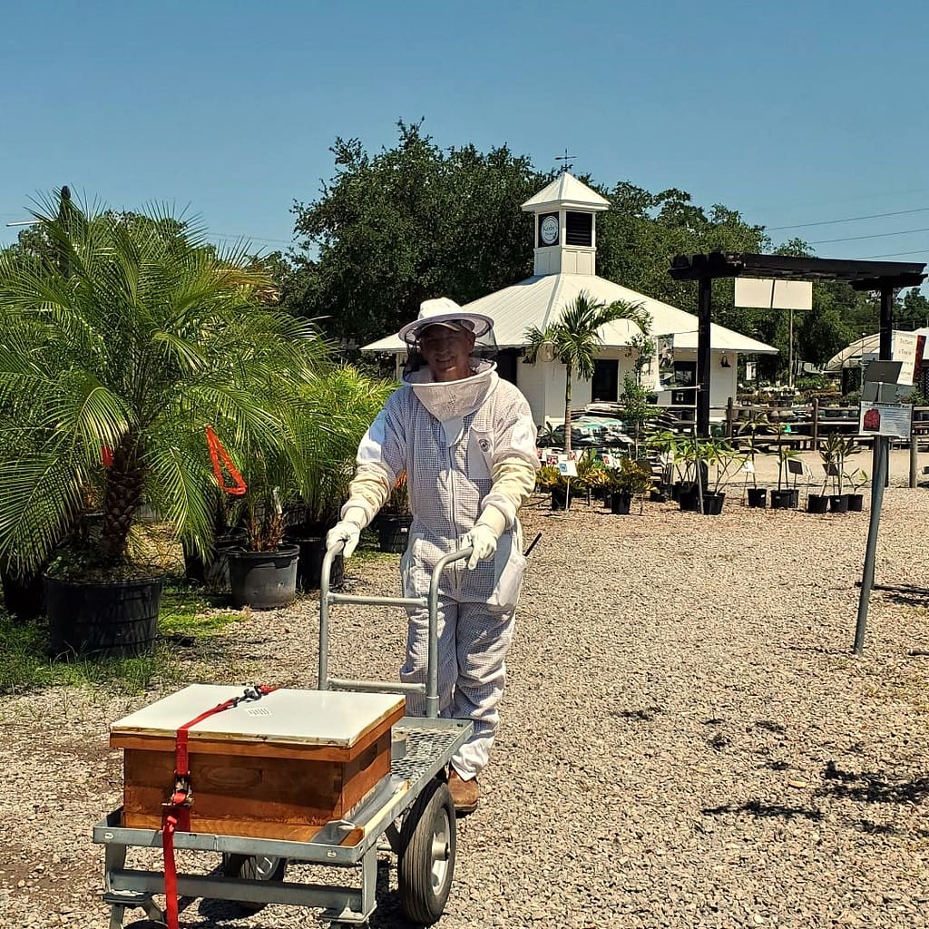 Joey with Box Containing Bee Swarm on Cart