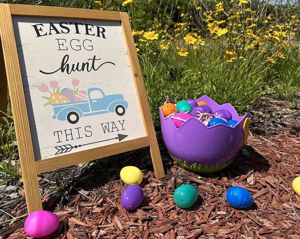 Easter Egg Hunt Sign with Eggs and Basket