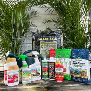 Essential Hardgoods for Vegetable Gardening, including Treatments, Tomato Cage, Watering Can, Fertilizers, and Soil