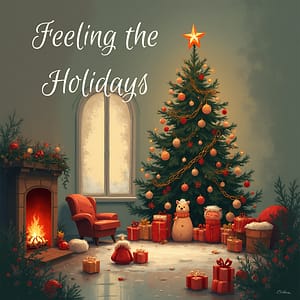 Picture of a Living Room with a Christmas Tree and Fireplace and words say "Feeling the Holidays"