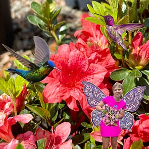 Azalea Shrub with Flowers, Two Hummingbirds, and Girl with Fairy Wings Holding Flowers