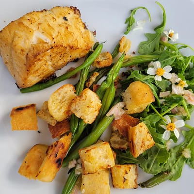 Grilled Sea Bass with Bread Salad and Wild Bidens