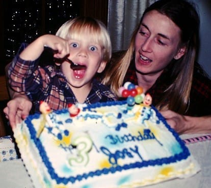 Boy with Mom (Joey and Sharon) and His Third Birthday Cake