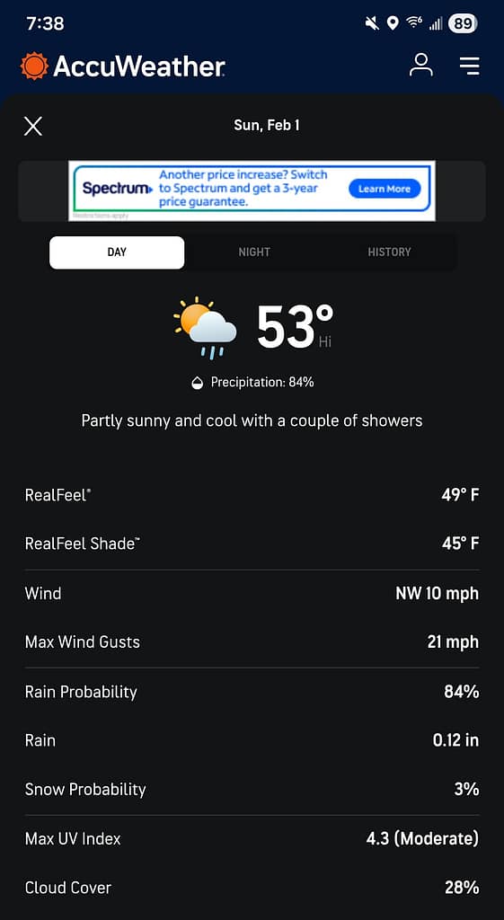 Accuweather Screenshot for Feb. 1, 2026 with 3% Chance of Snow