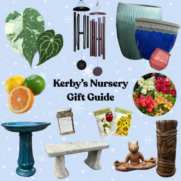 Kerby's Nursery 2025 Holiday Gift Guide with Pictures of Various Items