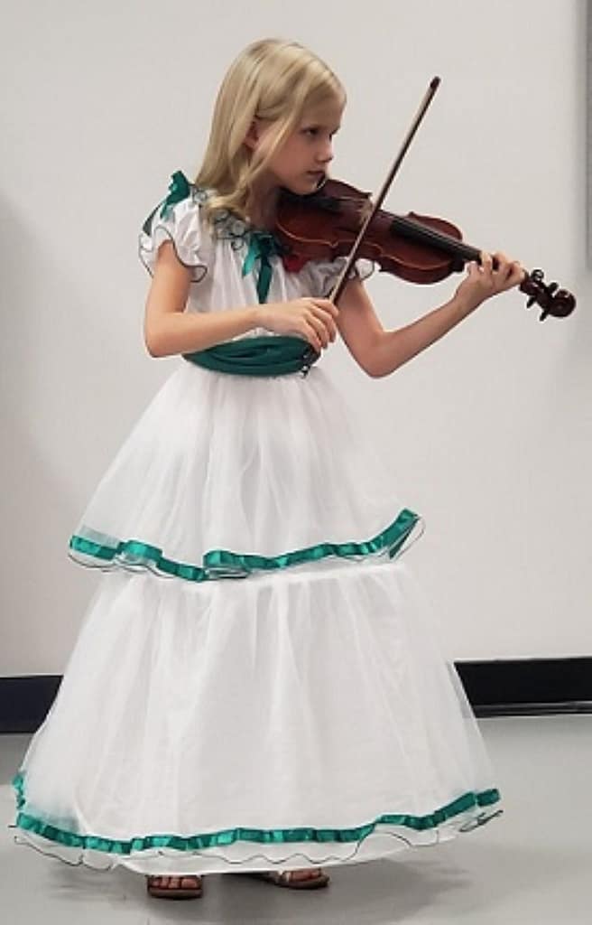Girl (Abby) Dressed as Scarlett O'Hara for Halloween, Playing a Violin