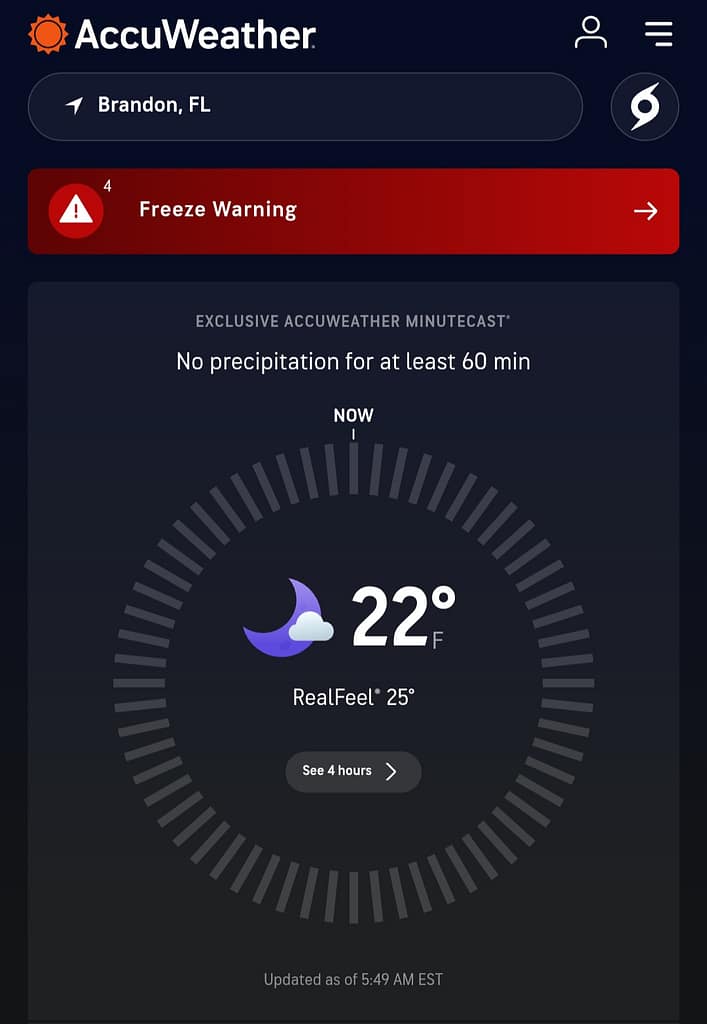 AccuWeather Screenshot Showing 22 Degrees