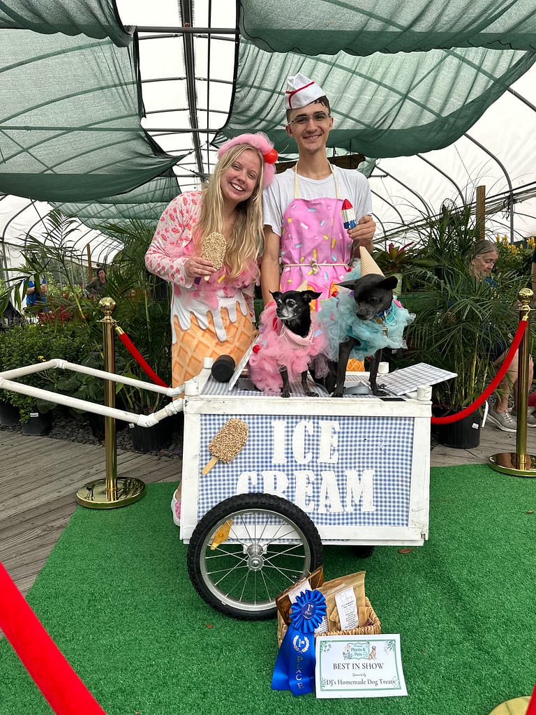 Lady and Man with Dogs Dressed as Ice Cream Cones with Ice Cream Cart