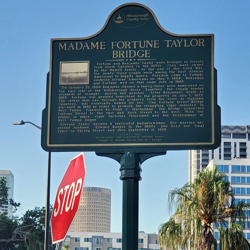 Plaque at Madame Fortune Taylor Bridge