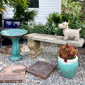 Garden Design with Pottery, Statue, Bench, Bird Bath, Stepping Stones, and Plants