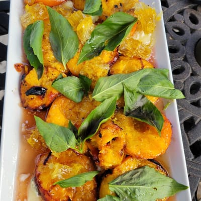 Grilled Peaches with Bleu Cheese and Honeycomb