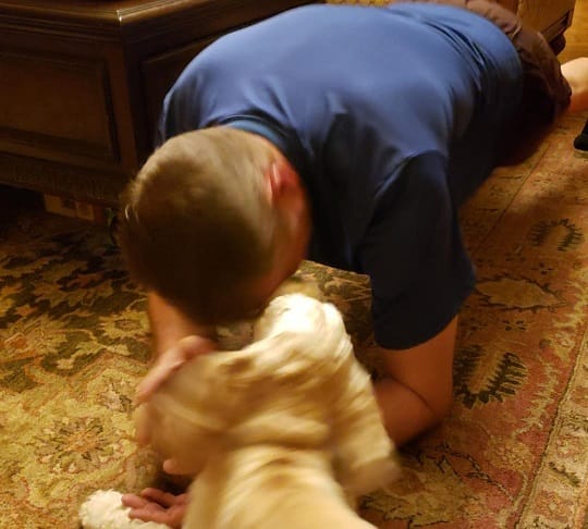 Man (Joey) Doing a Plank with a Dog (Pearl) Playing