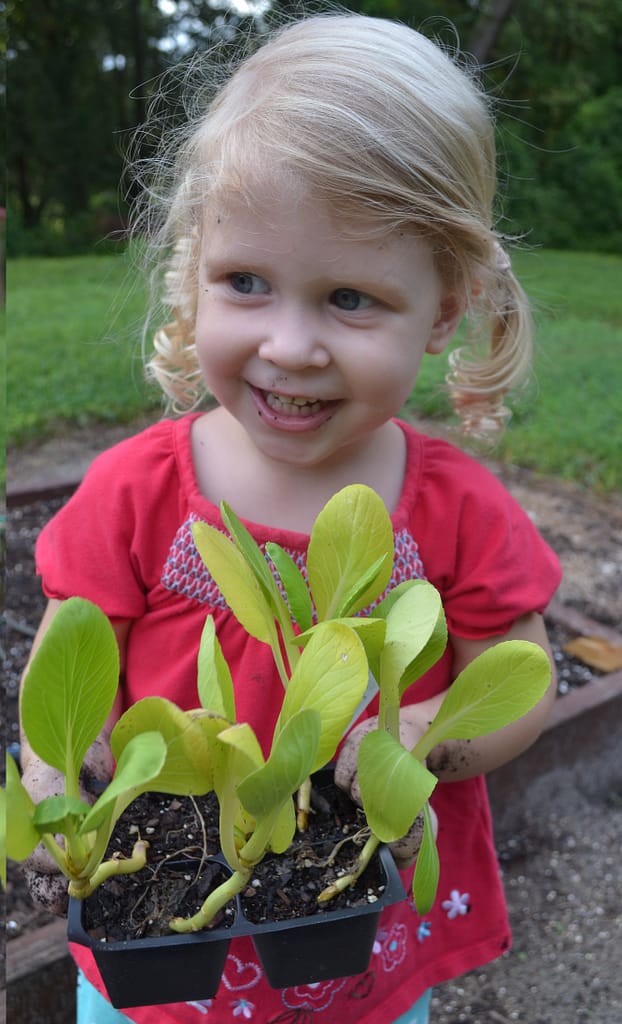 Little Girl (Maddy) with Pots of Vegetable Plants in the Garden