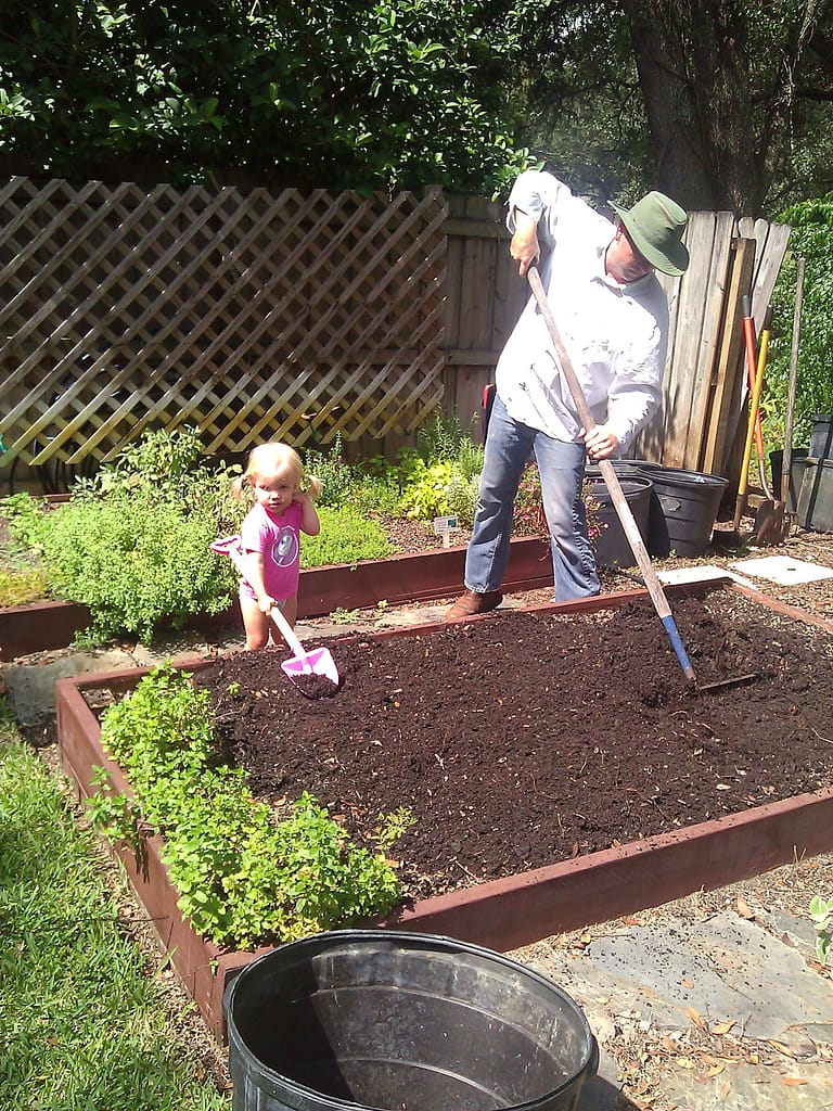 Man and Toddler (Joey and Abby) Preparing a Garden Bed for Planting