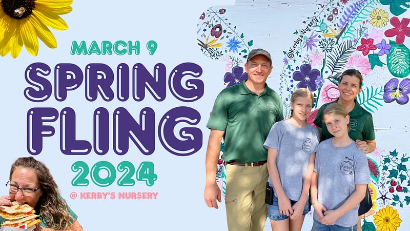 Kerby's Nursery Spring Fling Event Info (Flower with Bee, Lady Eating, Family Posing)